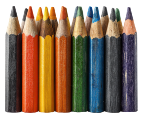 Colorful pencil arrangement studio product photography bright close-up. Isolated on transparent background, png.