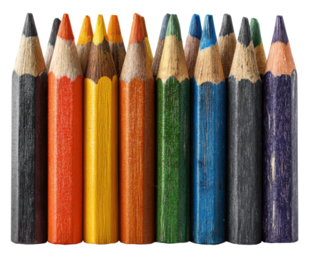 Colorful pencil arrangement studio product photography bright close-up. Isolated on transparent background, png.