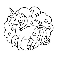 Fototapeta premium Outlined Magical Unicorn with a Patterned Body Surrounded by Stars Coloring Page