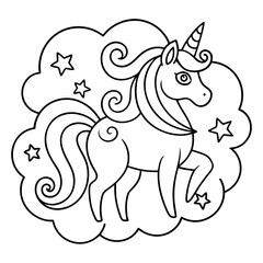 Outlined Magical Unicorn with a Flowing Tail Surrounded by Sparkles Coloring Page
