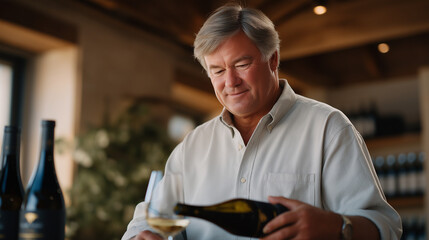 Winemaker uncorking a vintage bottle in a tasting room