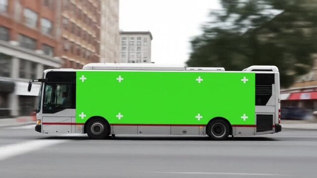 Green screened bus moving downtown