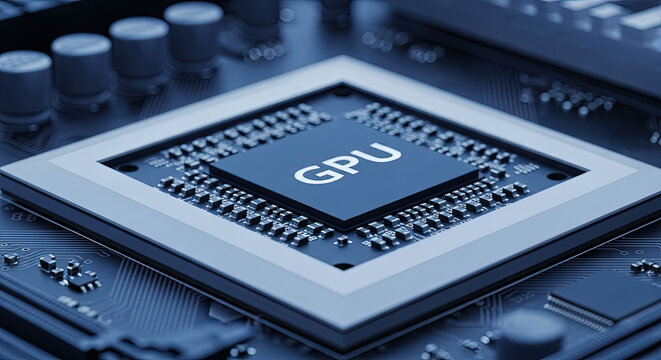 Close-up of a Modern GPU (Graphics Processing Unit) Chip, showcasing technology, innovation, and high performance computing for commercial use cases.