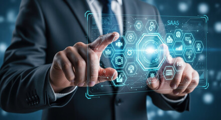 Innovative SaaS Solutions: Businessman Interacting with a Cutting-Edge Digital Interface for Cloud Computing and Software as a Service Technology