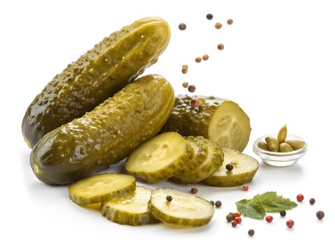 Freshly pickled cucumbers with dill and peppercorns on white background