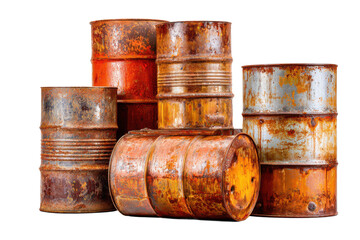 Rusty industrial oil drums stacked in abandoned warehouse detail. Isolated on transparent background, png.