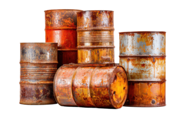 Rusty industrial oil drums stacked in abandoned warehouse detail. Isolated on transparent background, png.