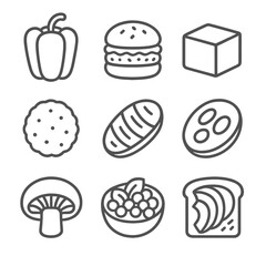 Vegetarian Dish Icons. Line style icons of Vegetarian Dish Selection: stuffed pepper, veggie burger, tofu cube, falafel ball,