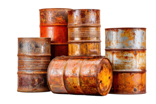 Rusty industrial oil drums stacked in abandoned warehouse detail. Isolated on transparent background, png.