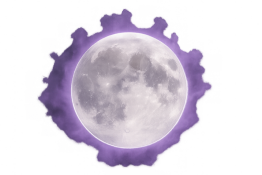 Realistic full moon with detailed craters and purple clouds around it, isolated on transparent background, ideal for space projects