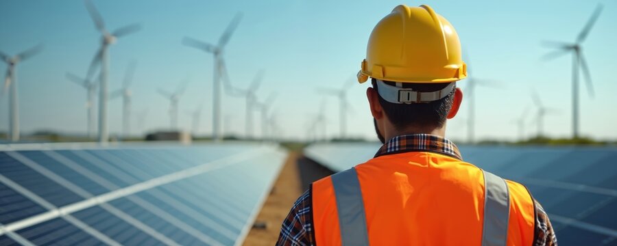 Man wearing hard hat, safety vest inspects solar panels at large solar farm. Rows of solar energy collectors under blue sky with wind turbines in background. Represents renewable energy sector,