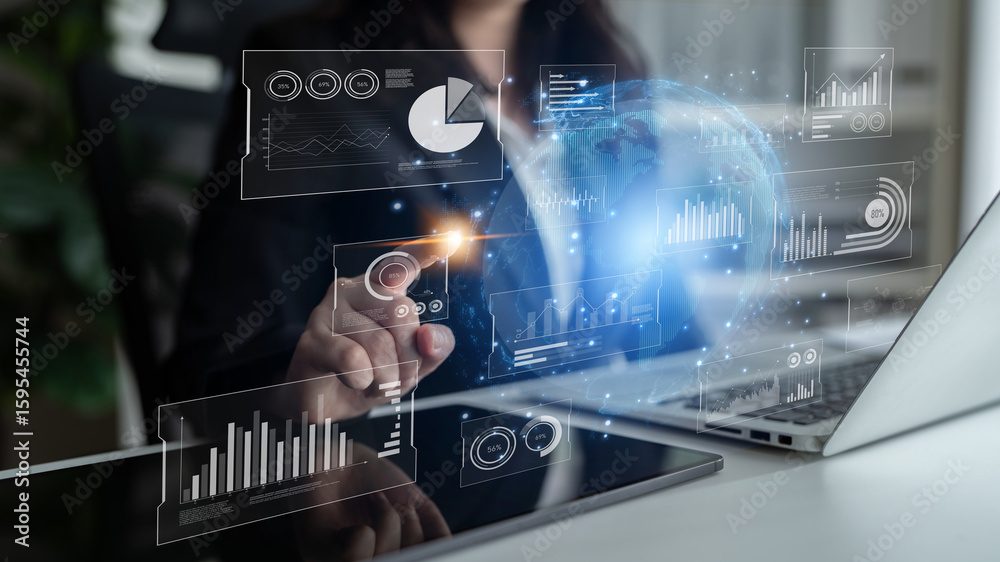 Poster real-time global data analytics dashboard visualizing insights from interconnected systems for decis