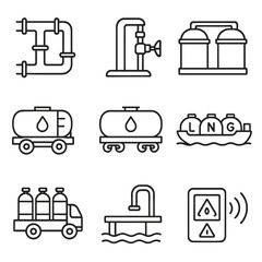 Oil & Gas Icons. Line style icons of Oil & Gas Transportation: pipeline network, pumping station, storage terminal, tank truck,