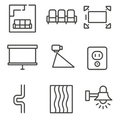 Home Cinema Icons. Line style icons of Home Cinema Layout: floorplan, seating chart, speaker placement diagram, screen position,