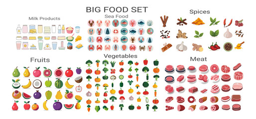 Obraz premium Modern Vector big set of icons for food, flat style. Fruits, vegetables, meat, fish, bread, milk, sweets. Meal icon, easily editable. 