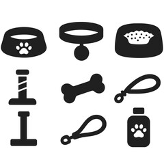Pet Essentials Icons. Solid style icons of pet essentials: food bowl, collar with tag, pet bed, litter box, scratching post, chew