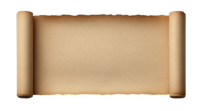 Torn blank paper sheet with a rolled edge, isolated on a transparent background in PNG format.