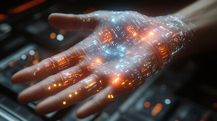 Futuristic Hand with Integrated Circuitry, Digital Technology Concept