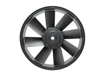 Obraz premium Gray industrial fan with eight blades set against a black background