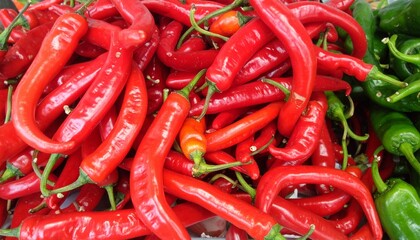 Vibrant pile of fresh red chili peppers with green chilies on the side, showcasing healthy produce.
