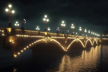 Fototapeta premium Illuminated bridge glows over Seine River at night, enhancing Paris's enchanting atmosphere, Illuminated Bridge Over Seine River at Night