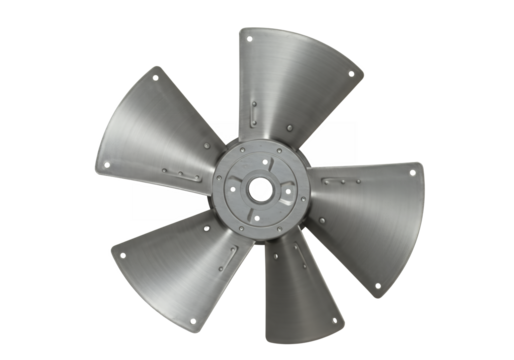 A metal fiveblade fan with a central hub set against a black background
