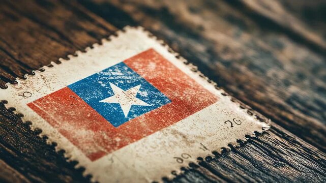Vintage patriotic postage stamp with star and stripes on wood background