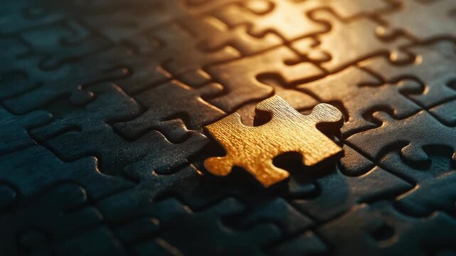 Closeup of partially completed puzzle with one piece missing on wooden surface