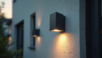 Modern outdoor wall lights illuminate building exterior. Two black cube lamps cast warm yellow glow on textured plaster wall. Subtle lighting design for home improvement, security, accentuating