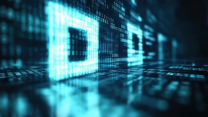 Digital matrix with glowing blue binary code representing data flow and information processing - Powered by Adobe