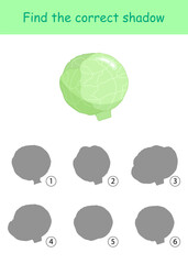Find the correct shadow of cabbage. Maze game. Vector illustration on a white background for children's entertainment, activity book, worksheet.