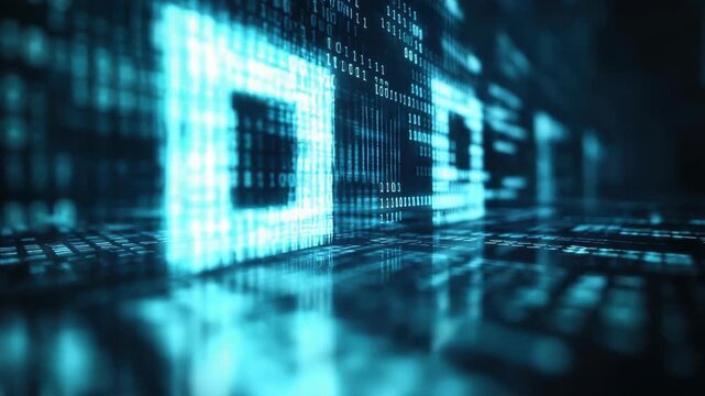 Digital matrix with glowing blue binary code representing data flow and information processing - Powered by Adobe