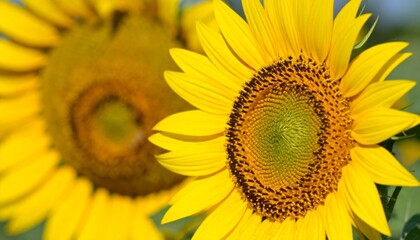 Obraz premium Vibrant yellow sunflower petals and center with soft focus background of more sunflowers