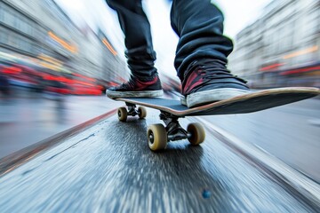 Skater performs grind on rail during urban evening session, Wide, Pan Shot of Skater Grinding Rail