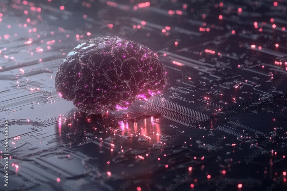 Poster digital brain illuminated by artificial intelligence text over intricate circuit connections, digita
