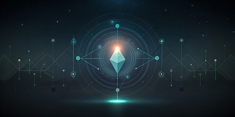 A glowing blue crystal structure at the center of a digital technological network.