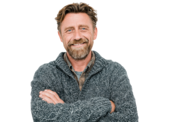 Smiling man in sweater portrait studio photography neutral background. Isolated on transparent background, png.