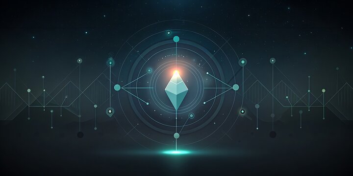 A glowing blue crystal structure at the center of a digital technological network.