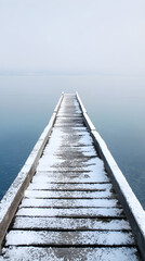Snow covered wooden pier leading into misty calm water under a pale sky