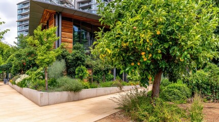 Urban garden area with fruit trees and modern building.