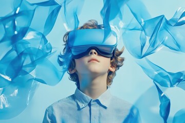 Caucasian schoolboy experiencing virtual reality with blue shapes in a vibrant setting, blue shapes moving over caucasian schoolboy using vr headset