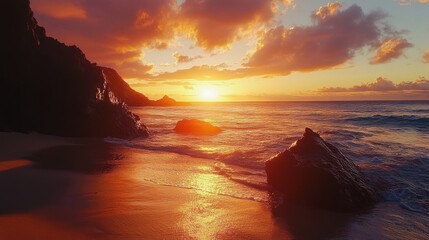 Golden sunset over a secluded beach with soft waves and cliffs