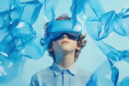 Caucasian schoolboy experiencing virtual reality with blue shapes in a vibrant setting, blue shapes moving over caucasian schoolboy using vr headset - Powered by Adobe