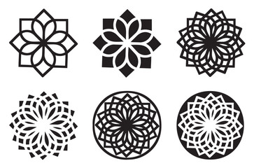 Adobe Illustrator Artwork A high-quality collection of 6 black and white geometric mandala symbols in vector format. Perfect for Islamic art, sacred geometry, floral ornament design, decorative logos,