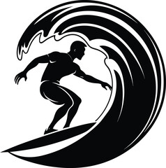Obraz premium Surfer silhouette riding wave on the beach vector illustration