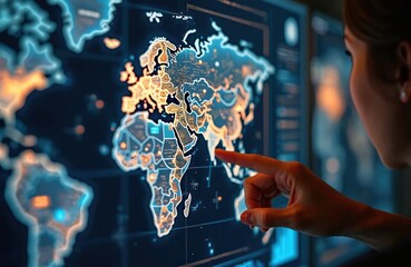 Modern touchscreen interface displays illuminated world map with glowing continents. User interacts with digital geography data, exploring continents, cities on futuristic global navigation system.