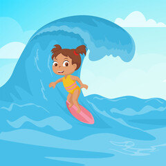 Little Girl Surfing Big Wave in Summer Ocean