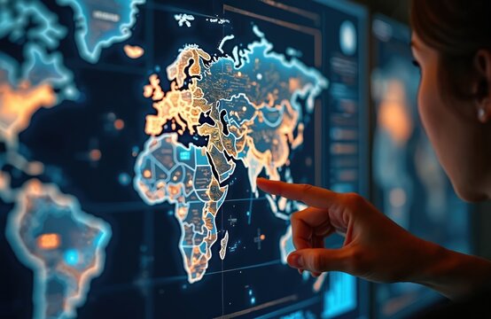 Modern touchscreen interface displays illuminated world map with glowing continents. User interacts with digital geography data, exploring continents, cities on futuristic global navigation system.