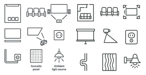 Series of icons that represent various objects and concepts related to home design and entertainment. The icons include a laptop, a projector, a chair, a couch, a table, a lamp, and a TV