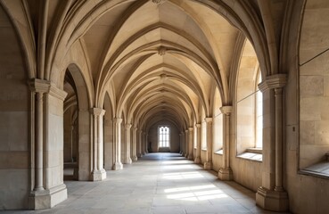 Fototapeta premium Vaulted gothic cloister walkway at College des Bernardins, Paris. Sunlight streams through arched windows, illuminating stone pillars, floor. 13th-century Cistercian architecture offers serene,